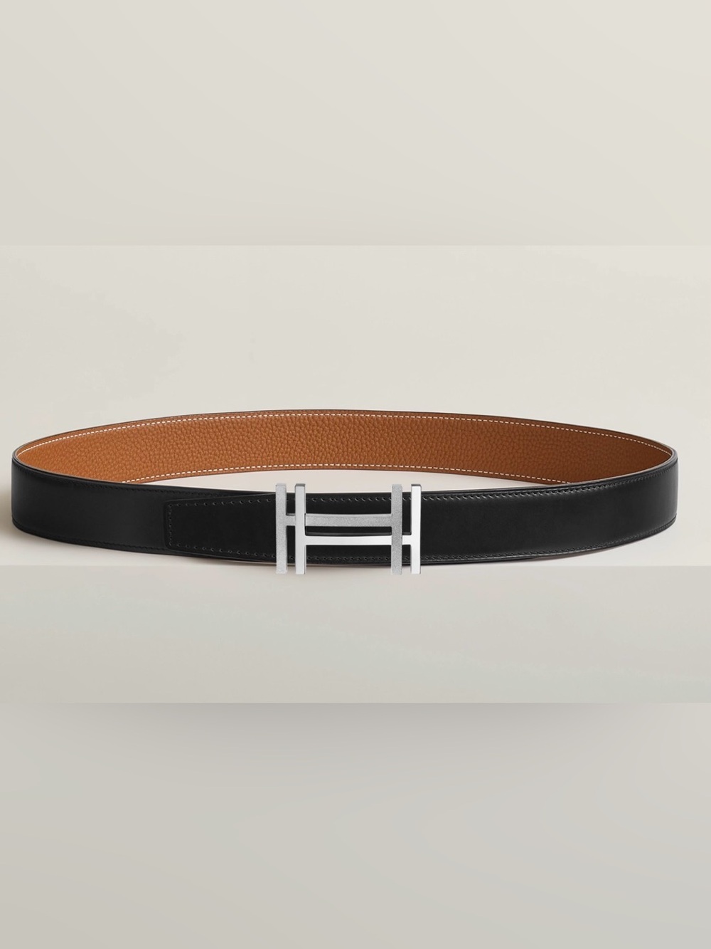 Hermes Au Carre Reversible Black/Tan Leather Belt with H Buckle. - Picture 1 of 7